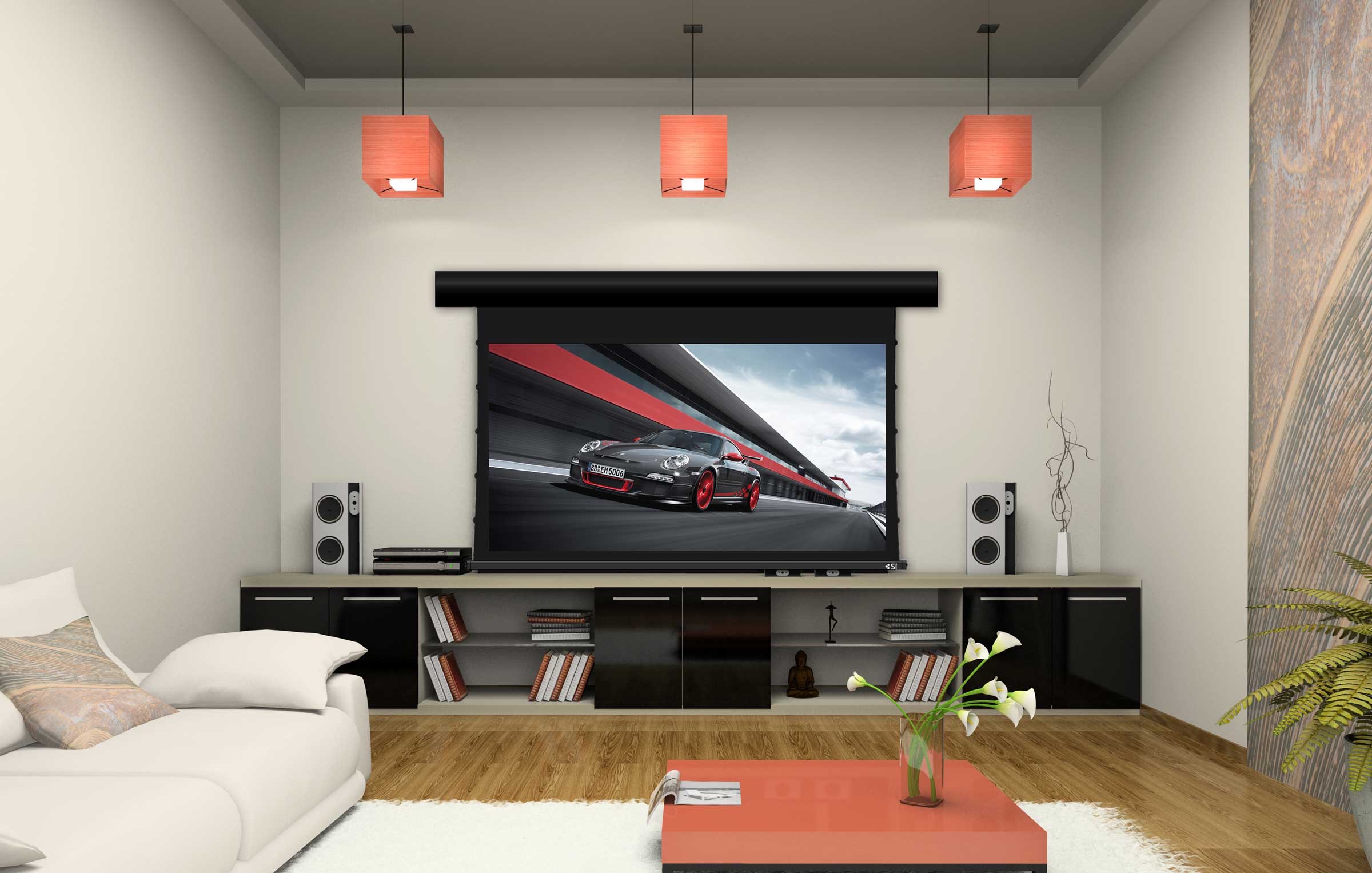 Home cinema with projection screen and speakers